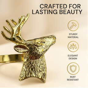 a gold-colored metal ring with a deer head design, accompanied by text highlighting the ring's features.