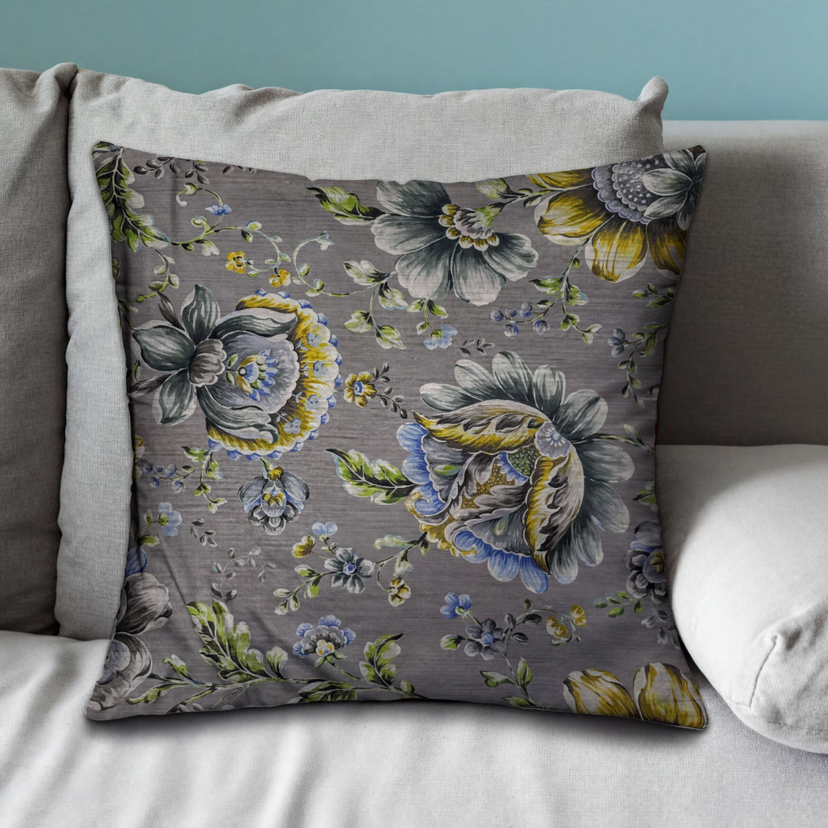 Floral printed throw pillow cover, 20x20 inches, by CC-9698-A-4, featuring vibrant floral patterns on fabric.