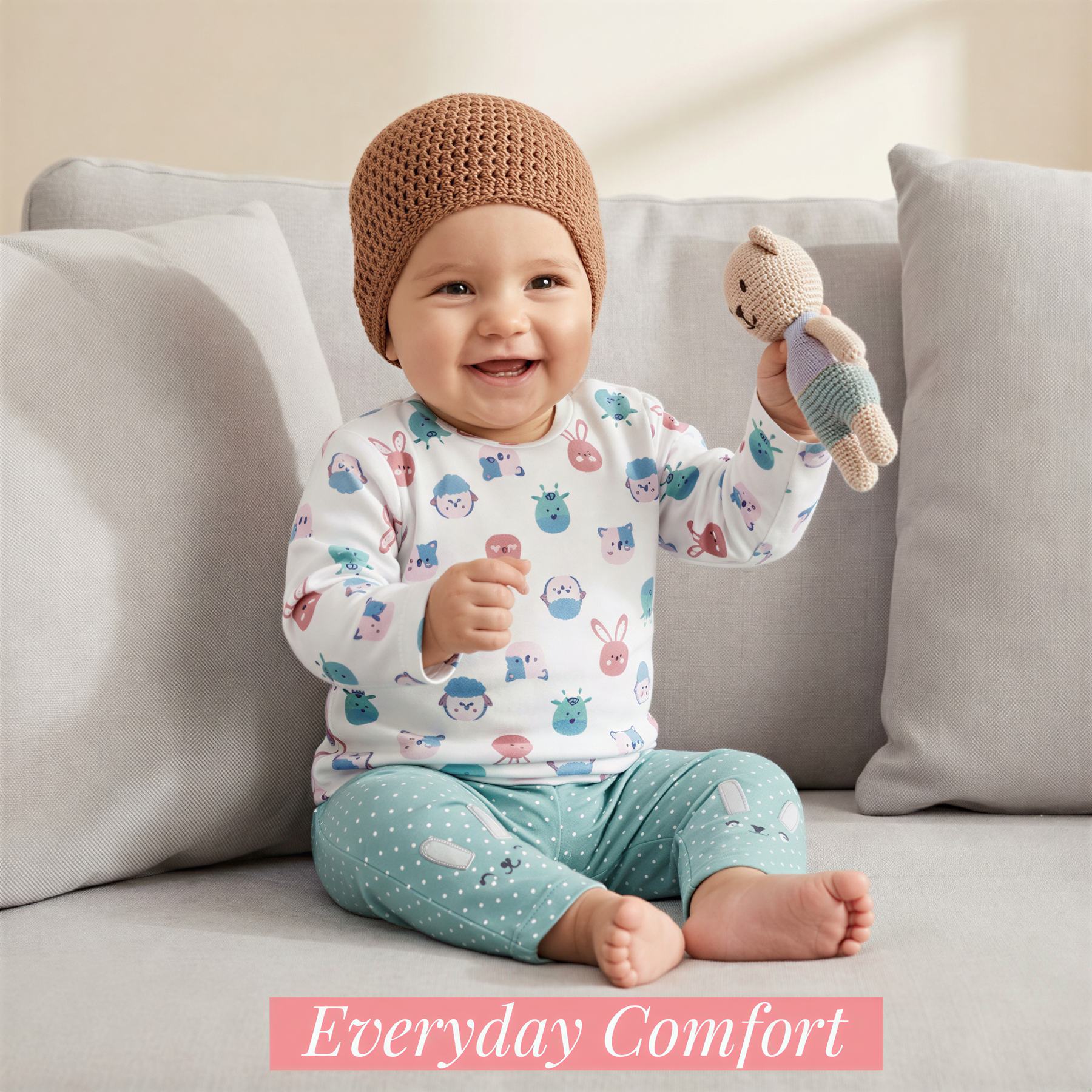 A smiling baby in a white onesie with animal prints and a brown knit cap sits on a gray couch, holding a small stuffed animal.
