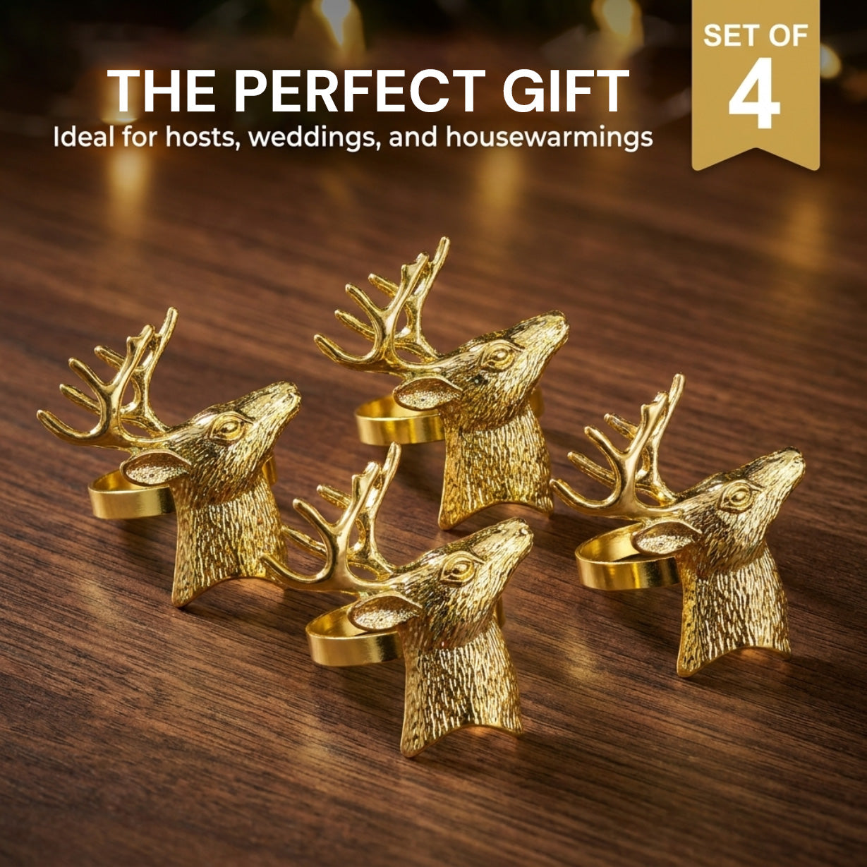 Festive Charm – Napkin Rings in Gold Reindeer Design, Artistic Decorative Dining Table Décor