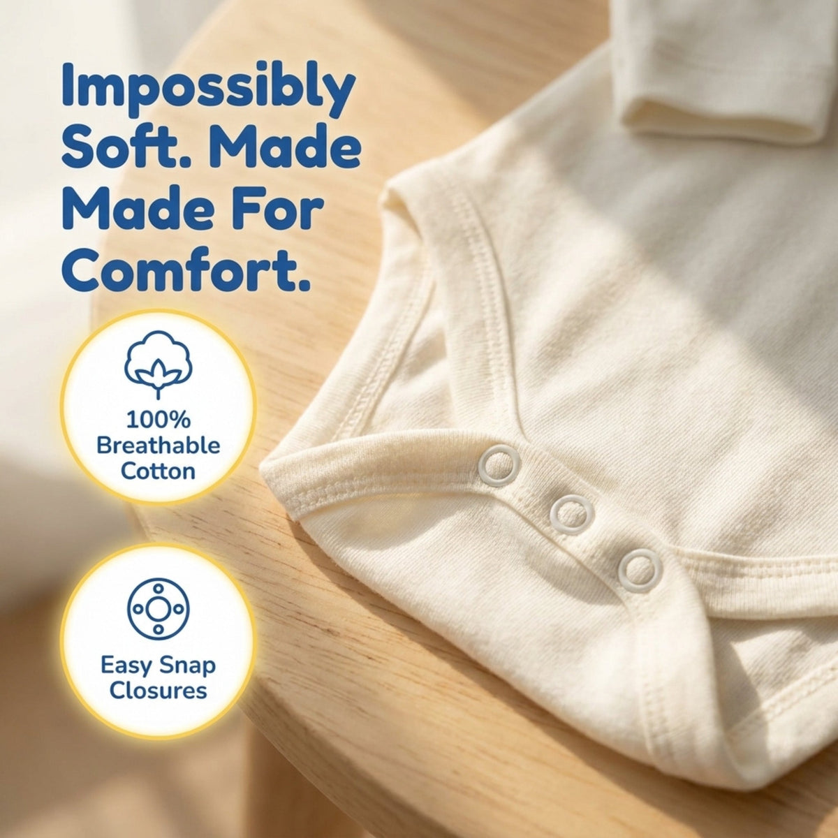 The image is a close-up of a white baby onesie, highlighting its soft and comfortable material. The text above the onesie reads "Impossibly Soft. Made For Comfort." The onesie is shown on a wooden surface, and there are two icons indicating 100% breathable cotton and easy snap closures.
