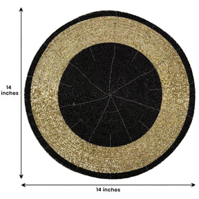 Decozen Round Beaded Placemats - Black and Gold, Set of 4 - 14 Inches - Durable, Scratch & Heat Resistant Tablemats for Dining Table, Kitchen Decor Charger