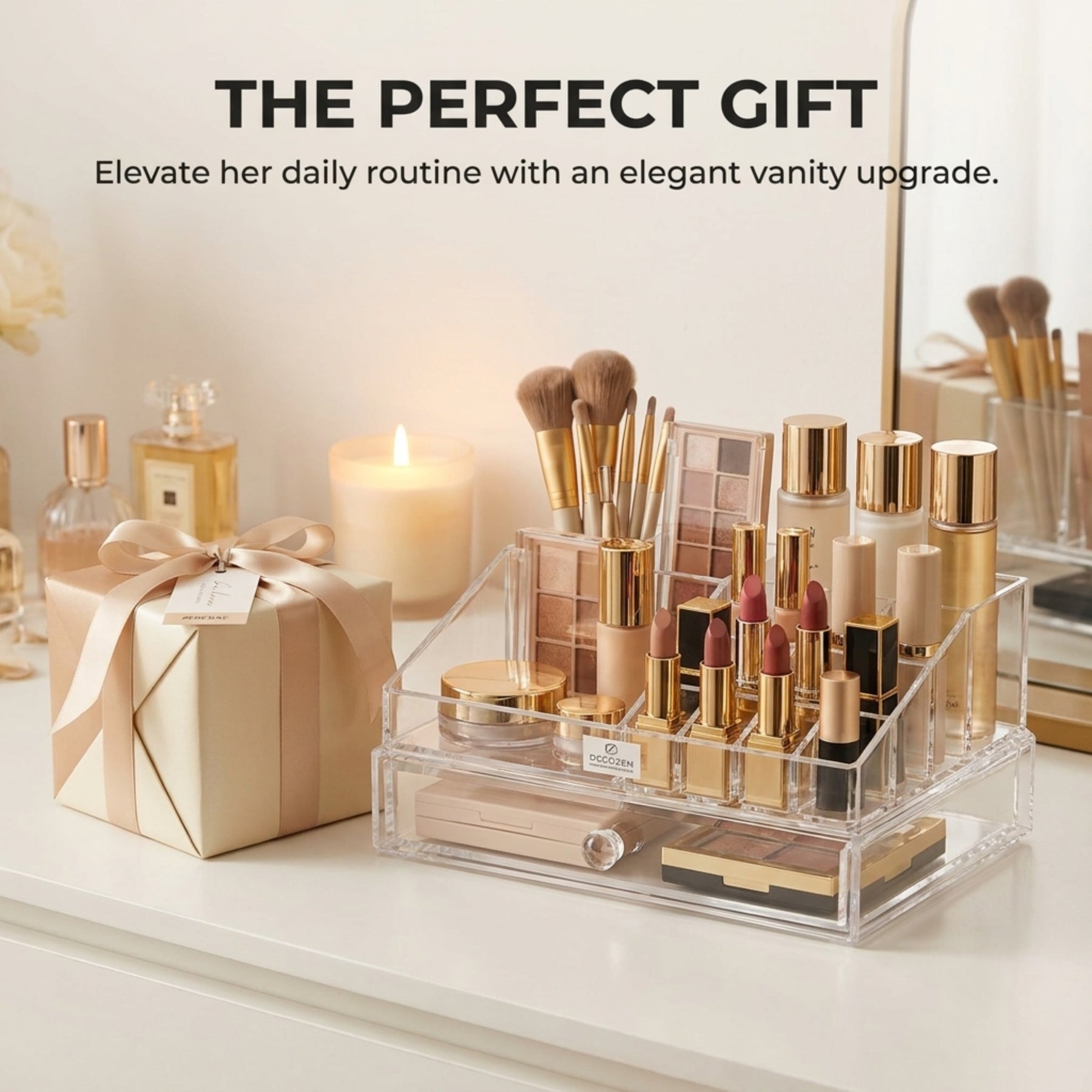 Clear Makeup Organizer - Acrylic Cosmetic Storage Box with 19 Slots & Drawer