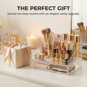 Clear Makeup Organizer - Acrylic Cosmetic Storage Box with 19 Slots & Drawer
