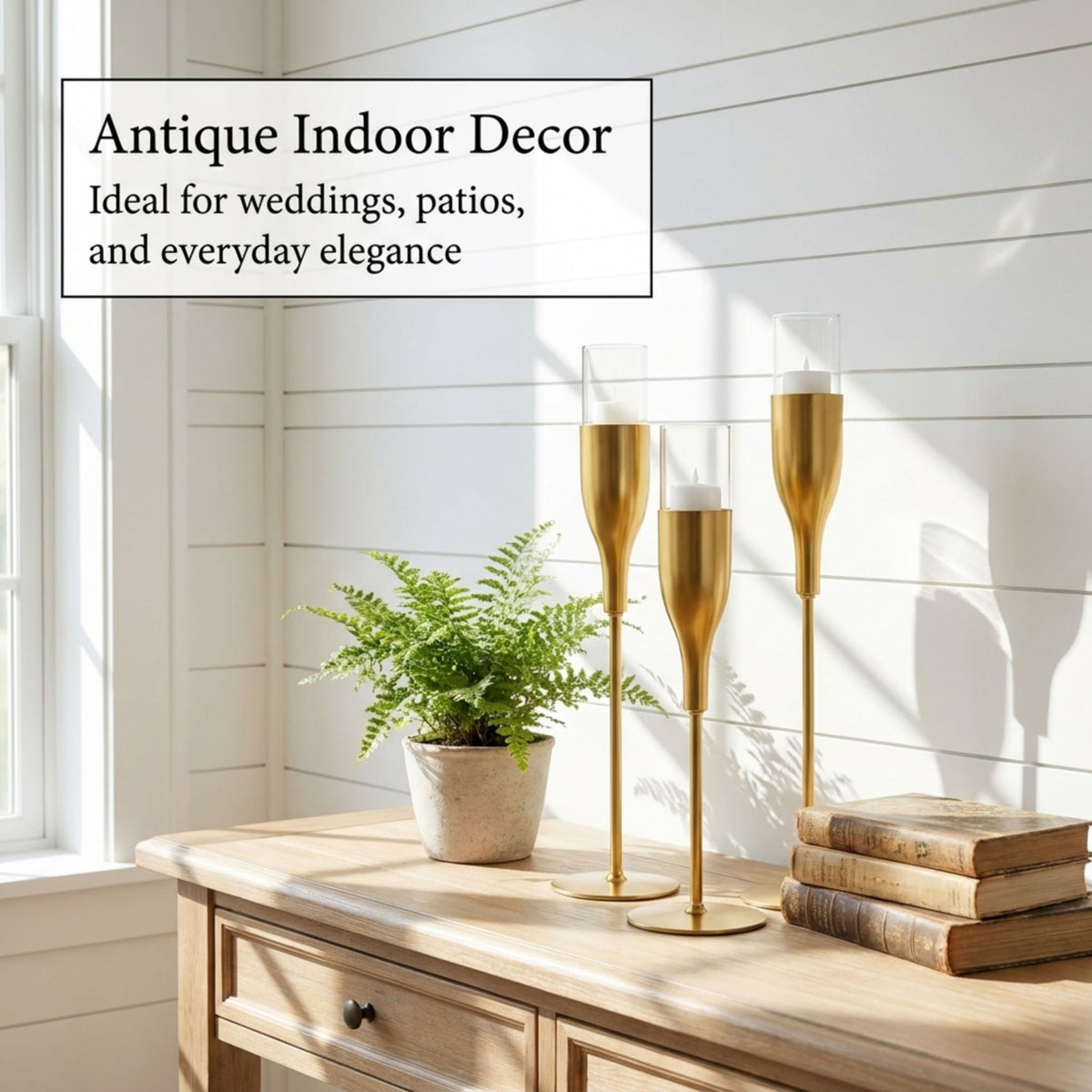 Gold Candle Holder - Wine Glass Flute Set of 3 Elegant Indoor Decor
