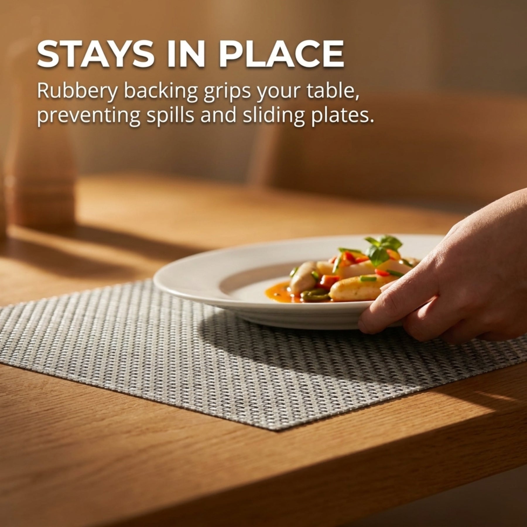 Set of six colorful PVC placemats with textured surface, ideal for dining tables and protecting surfaces.