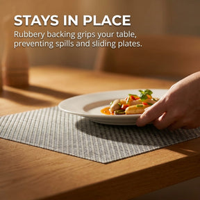 Set of six colorful PVC placemats with textured surface, ideal for dining tables and protecting surfaces.