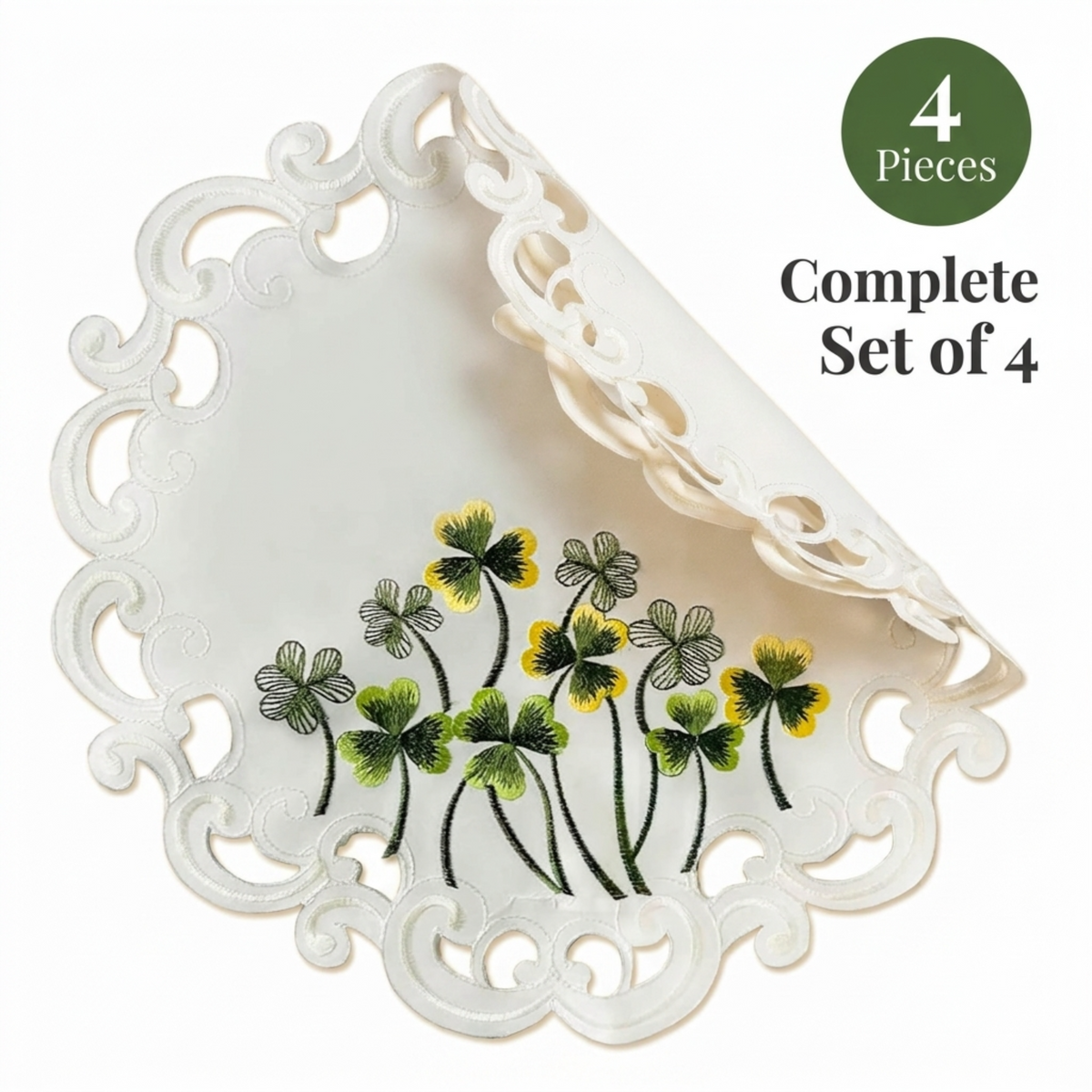a set of four white lace doilies with a floral design. The doilies are arranged in a circular pattern, with a scalloped edge and a scalloped border. The floral design consists of green and yellow clover flowers.