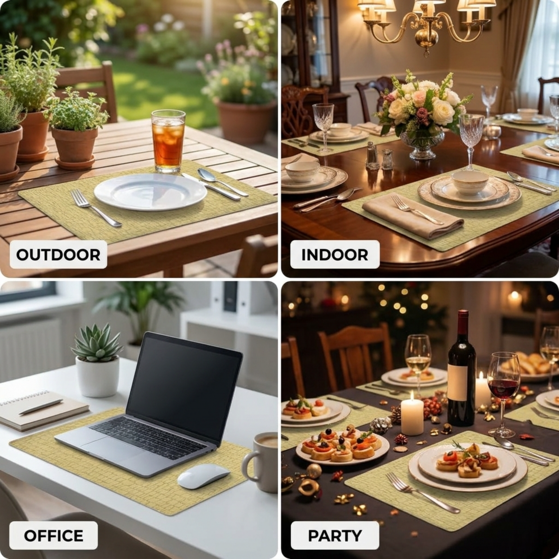 Set of 4 and 6 PVC placemats by 618EVA-7-2-4, showing colorful, durable table protectors with textured surface design.