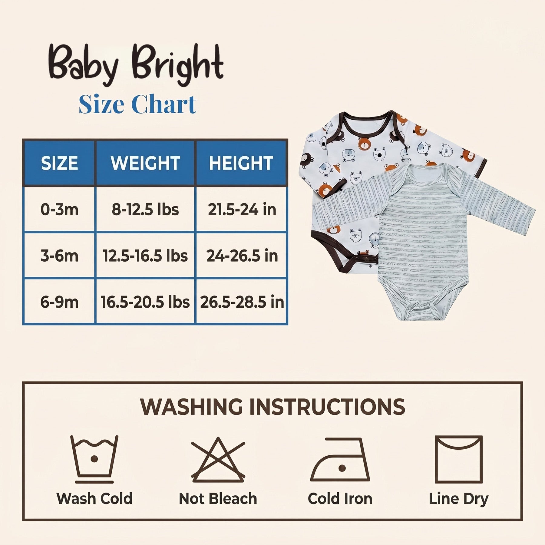 The image is a size chart for baby clothing, including a baby's size chart and a baby's size chart for a baby's clothing.
