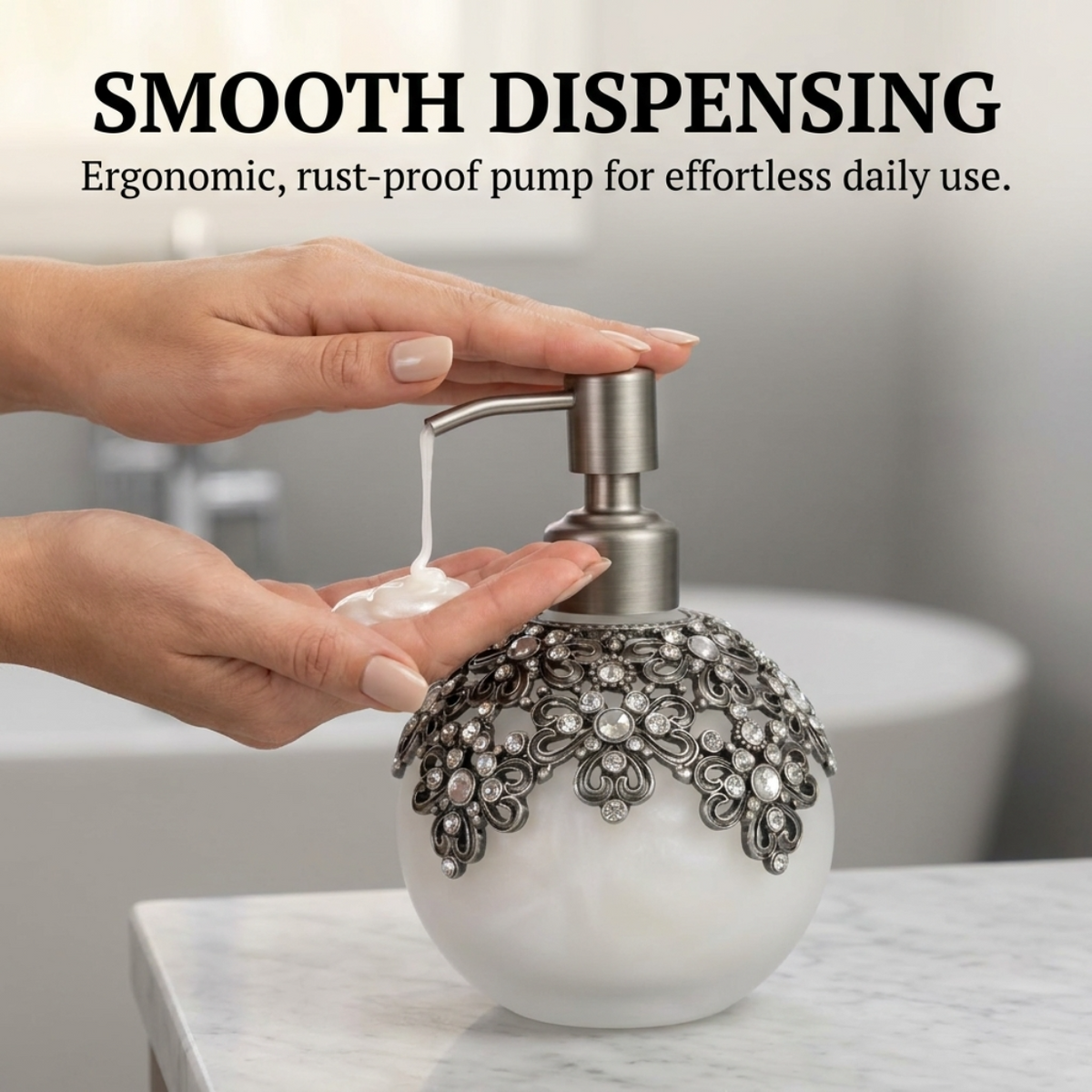 Lavinia Bloom modern decorative bathroom lotion dispenser by LB24754A, 12 oz, with floral design and ceramic finish.