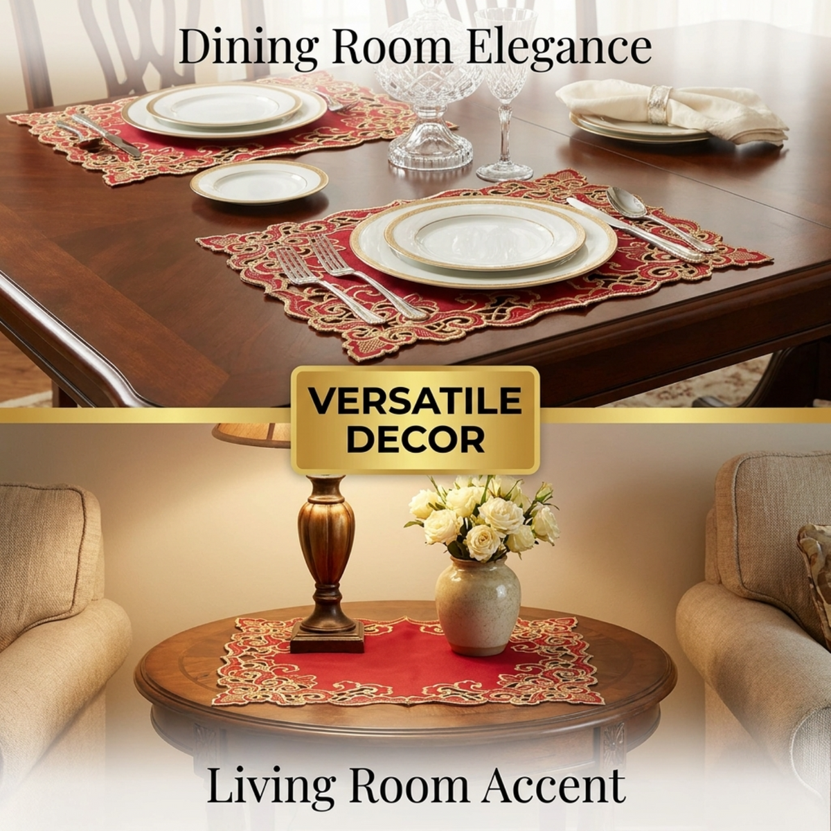 Burgundy Gold Placemats – Crimson Glow, 12x18 Inch