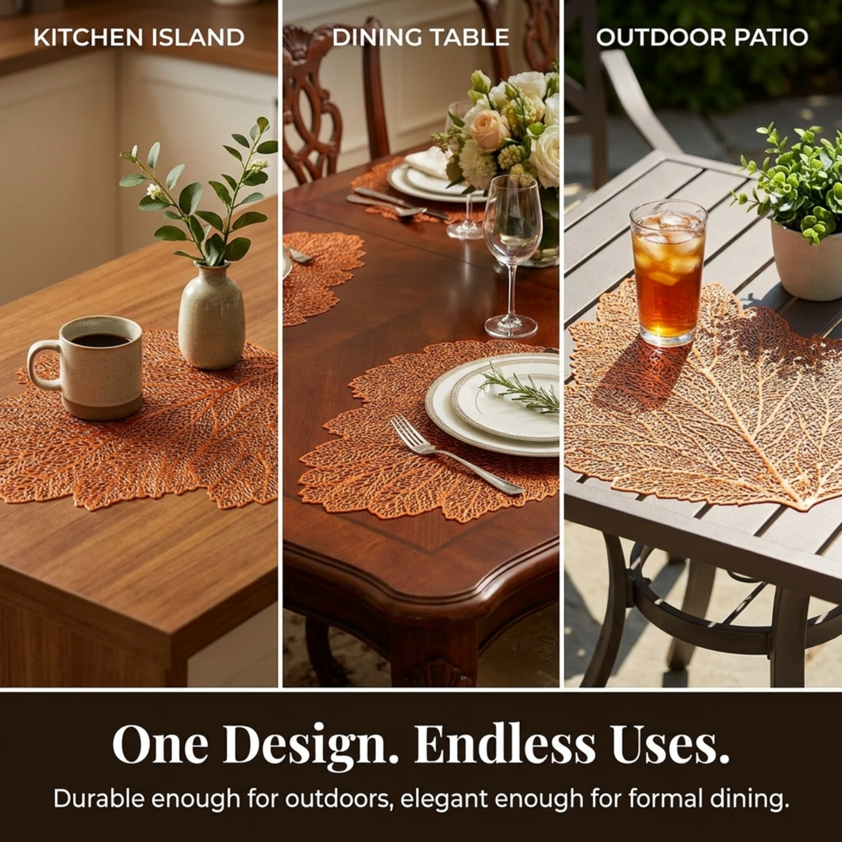 Set of six leaf-shaped cut out vinyl placemats in rose gold finish, stylish and decorative for dining tables.