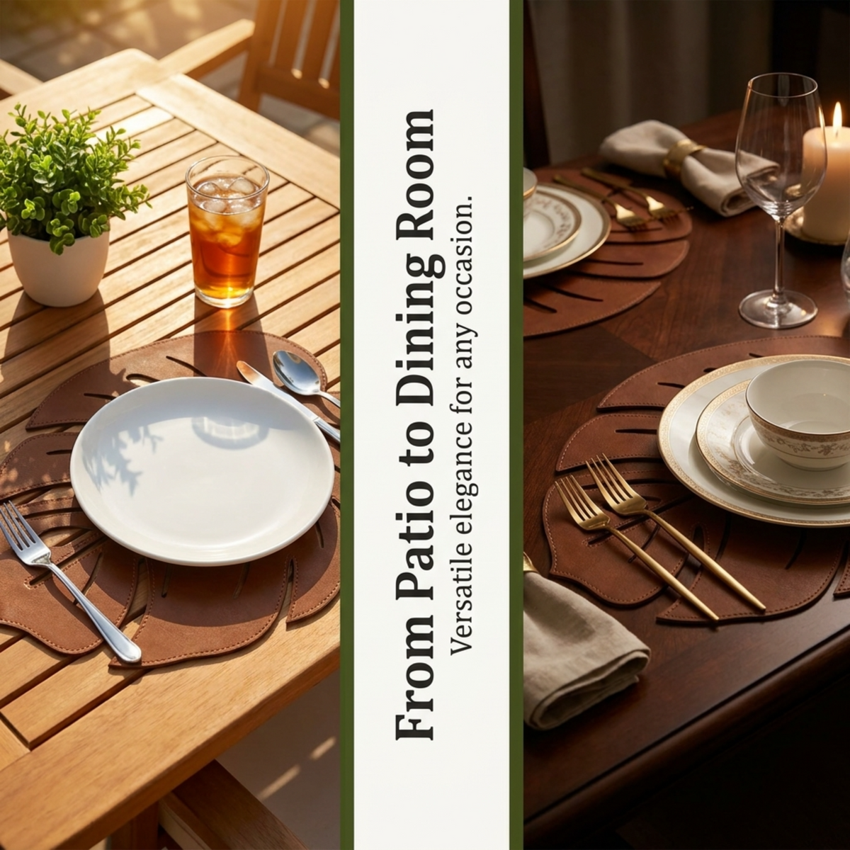 Set of six Monstera leaf cut out leather placemats in brown, featuring tropical leaf designs perfect for table decor.
