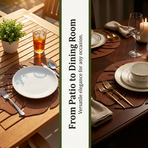 Set of six Monstera leaf cut out leather placemats in brown, featuring tropical leaf designs perfect for table decor.