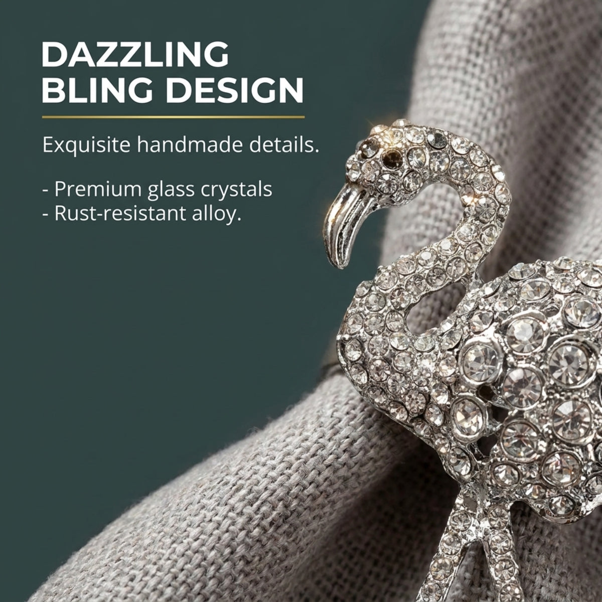a close-up of a sparkling rhinestone brooch or pin, with a text overlay providing information about the design and materials used.