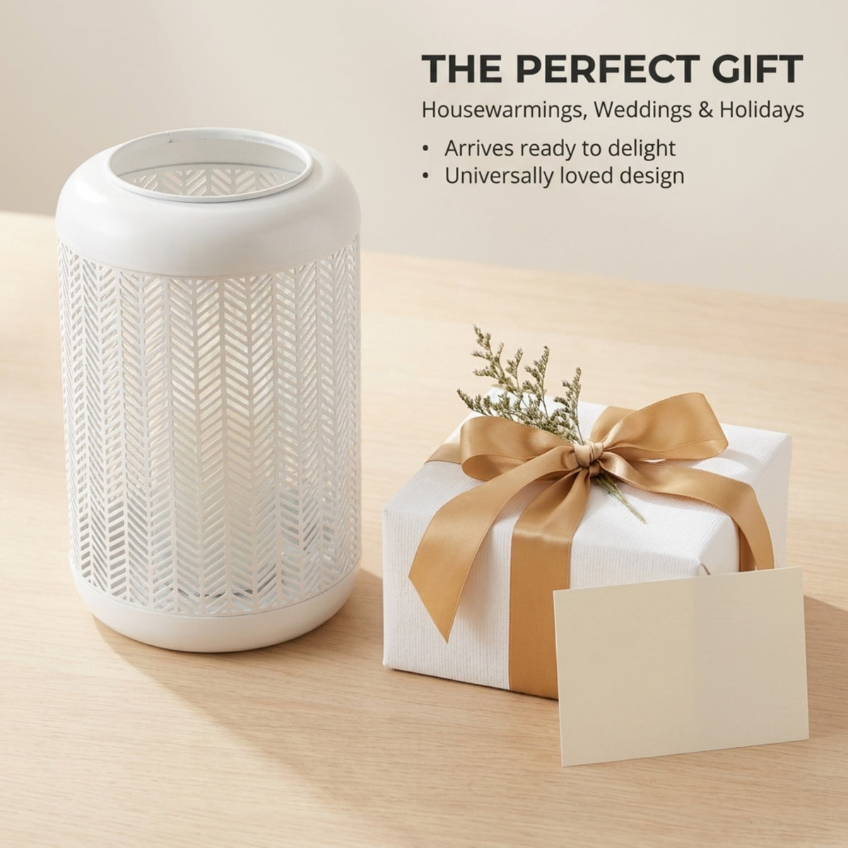 White lattice pattern glass candle lantern with metal handle, decorative candle holder for indoor or outdoor use.