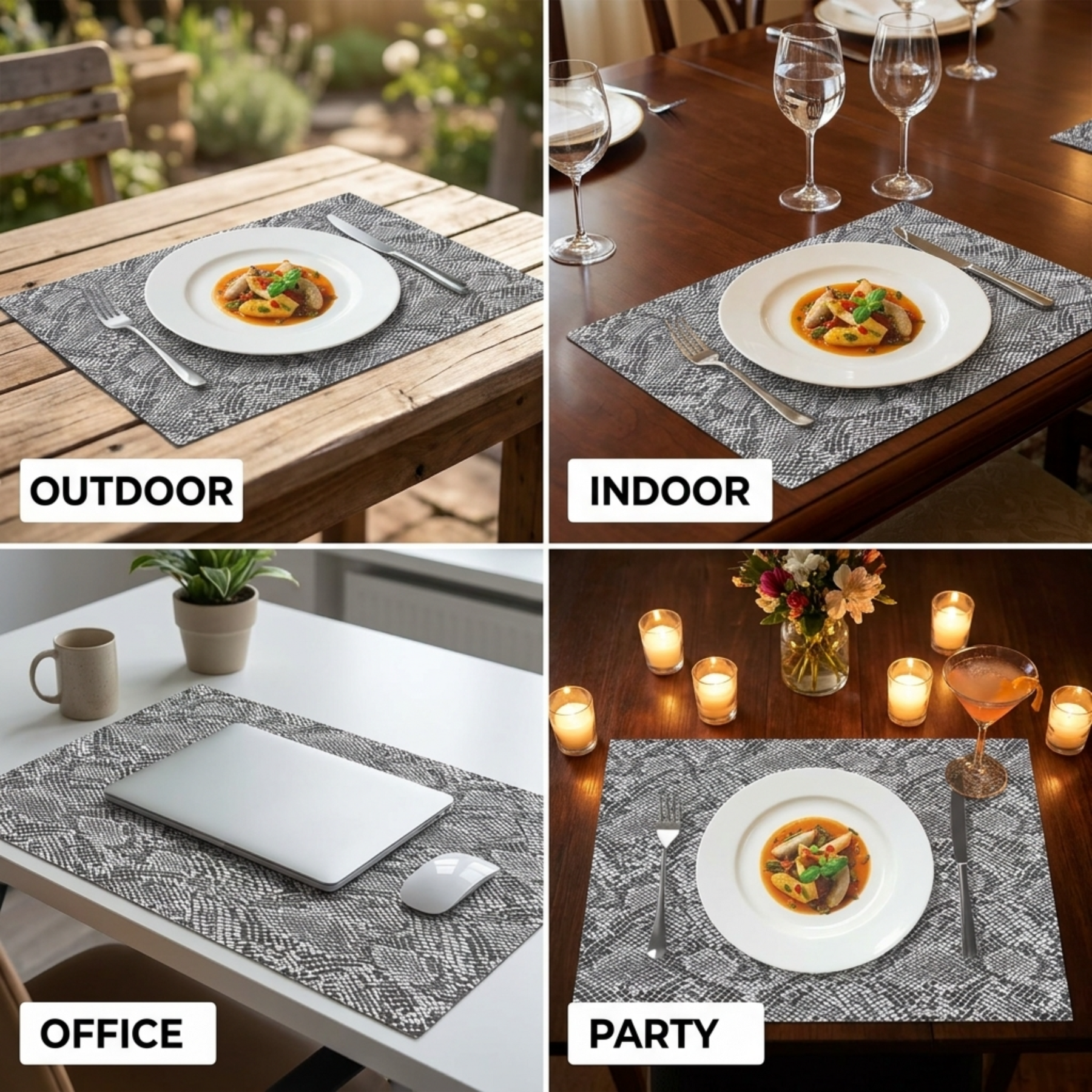 Set of six PVC placemats by 618EVA-8-10-4, durable and easy-to-clean table mats for dining or kitchen use.