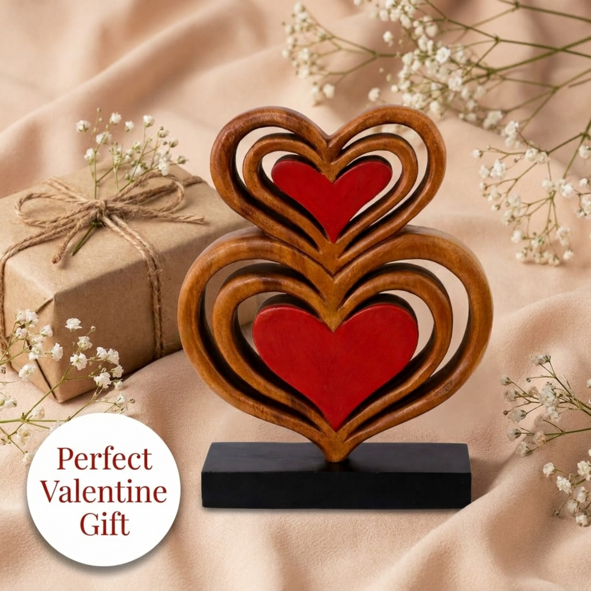 Twin Souls – Handmade Wooden Hearts Sculpture, Symbol of Love