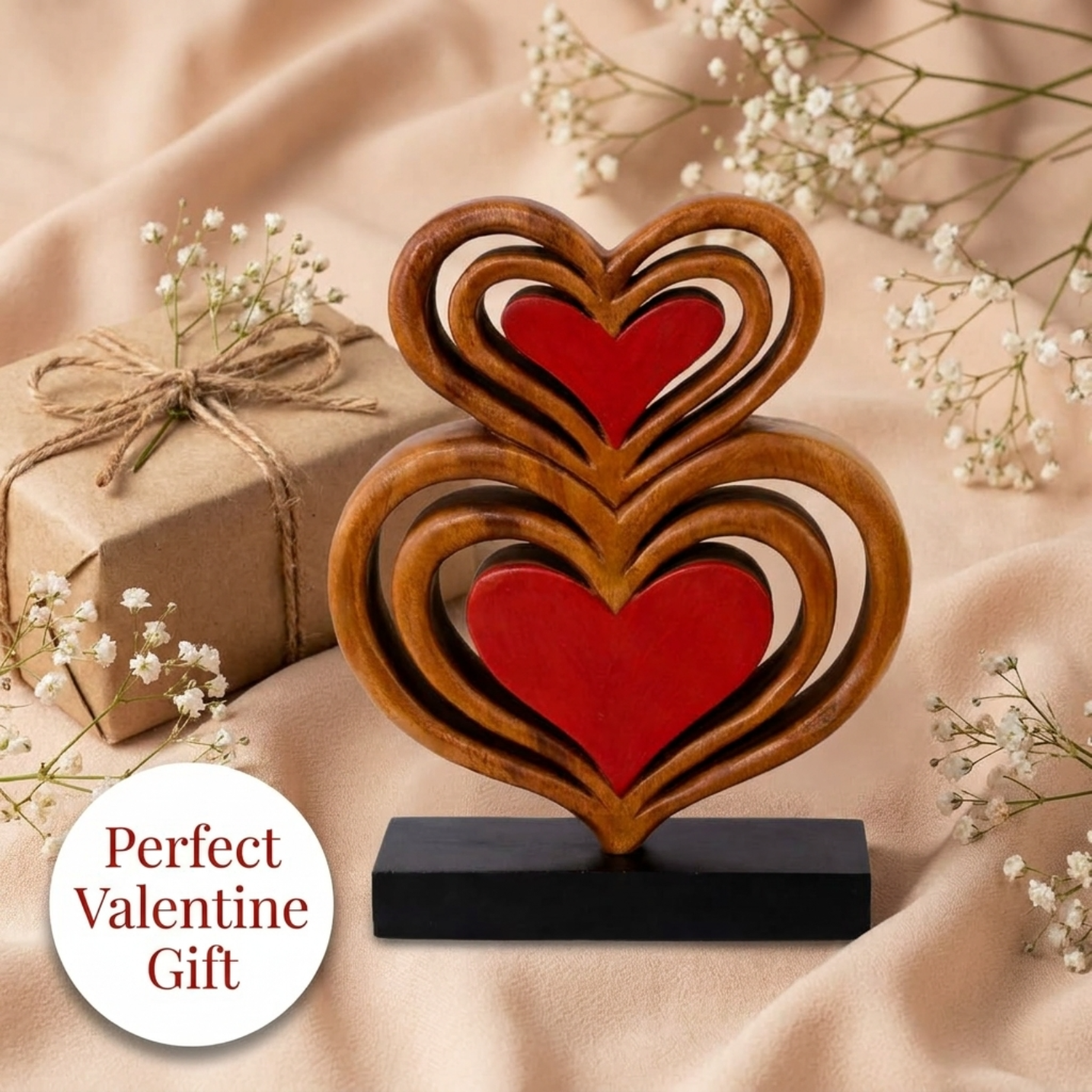 Twin Souls – Handmade Wooden Hearts Sculpture, Symbol of Love