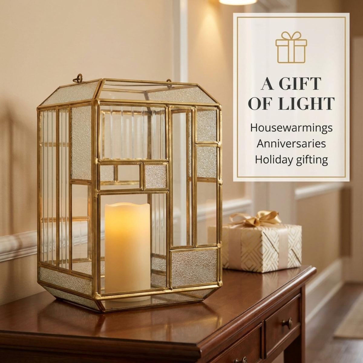 Gold metal frame and glass candle holder lantern, decorative candle lantern with intricate design for ambient lighting.