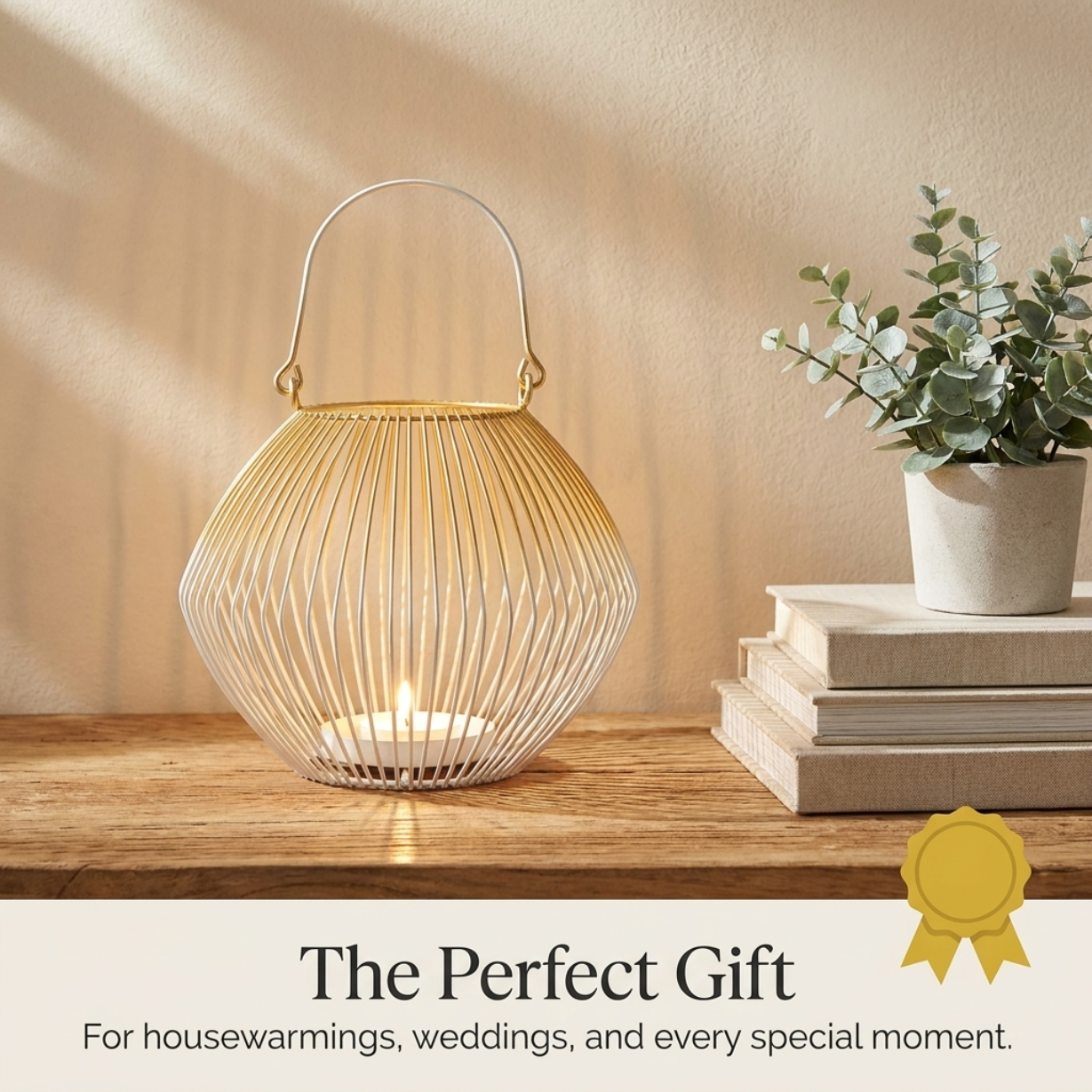 White Gold Candle Holder - Modern Glass Lantern for Indoor Outdoor Decor