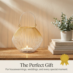 White Gold Candle Holder - Modern Glass Lantern for Indoor Outdoor Decor