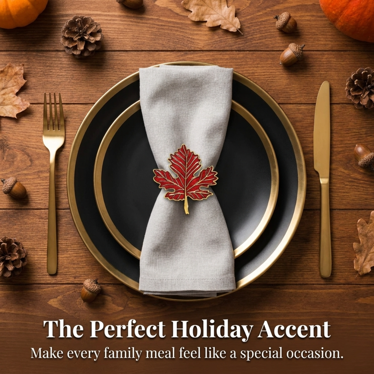 Golden Ember – Napkin Rings in Gold Red Maple Leaf Design, Luxurious Decorative Dining Table Décor