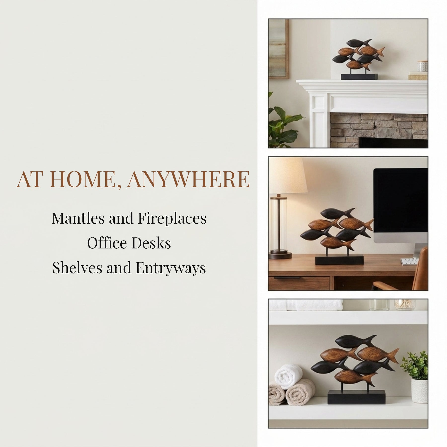 The image is a collage of three photos showcasing mantles and fireplaces, office desks, shelves, and entryways.