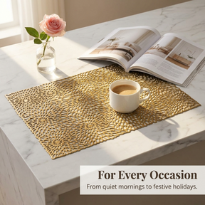 Set of six AMF032-GLD PVC cut-out placemats with decorative shapes on a dining table.