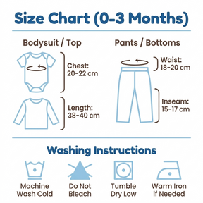 The image is a size chart for baby clothes, providing measurements and instructions for washing, drying, and ironing the garments.