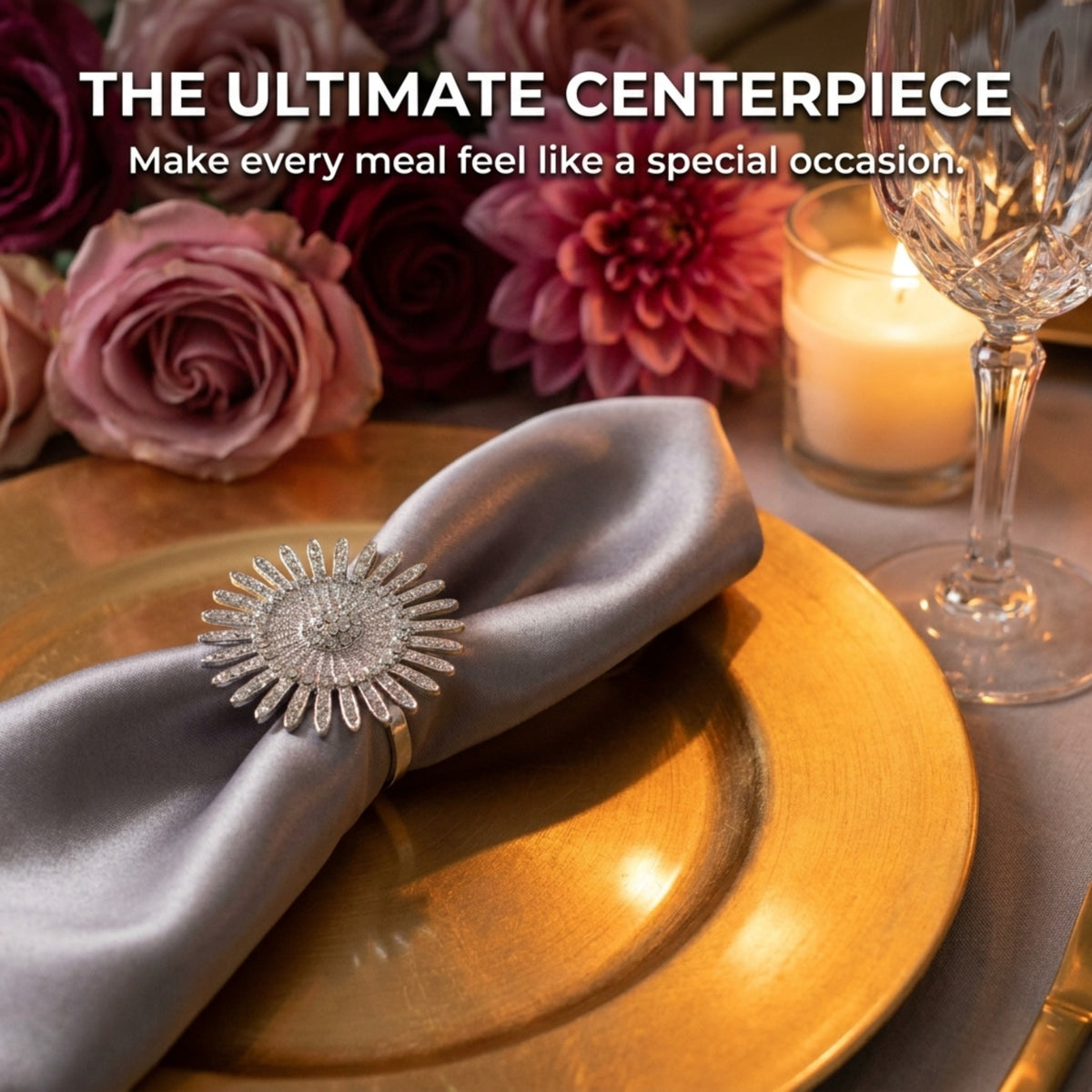 a table setting with a gold plate, a silver napkin ring, and a candle, along with a bouquet of pink and red flowers.