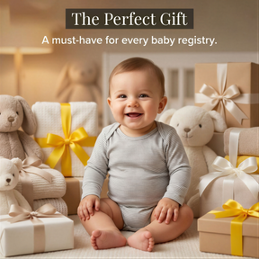 A smiling baby sitting surrounded by various baby items, including gift boxes and stuffed animals, with a caption stating "The Perfect Gift" and a tagline about the importance of a baby registry.