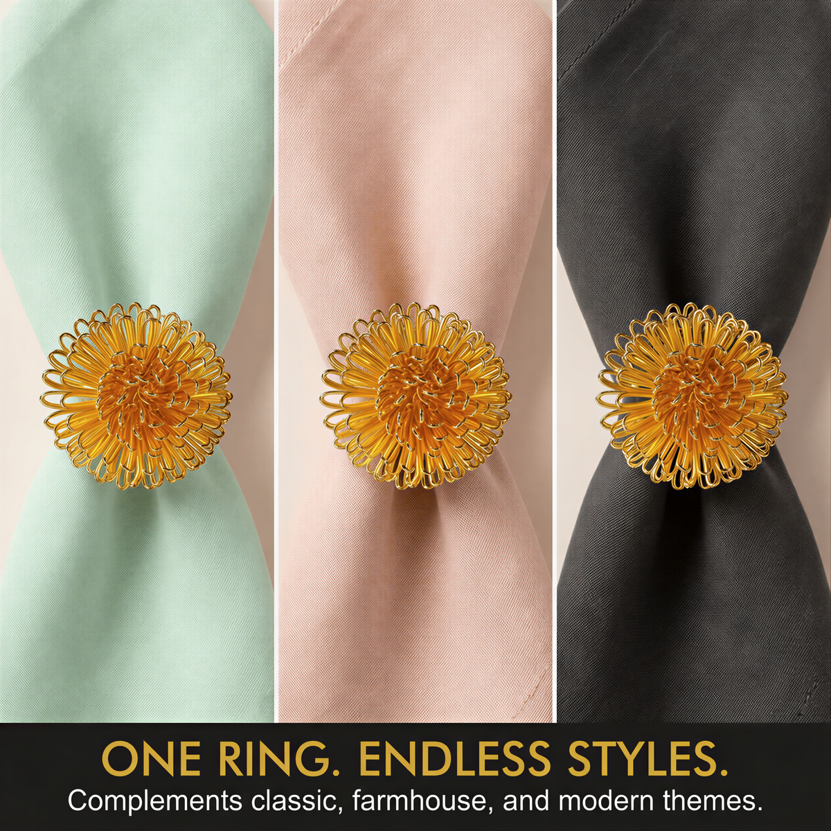 three different styles of napkin rings, each with a unique color and design.