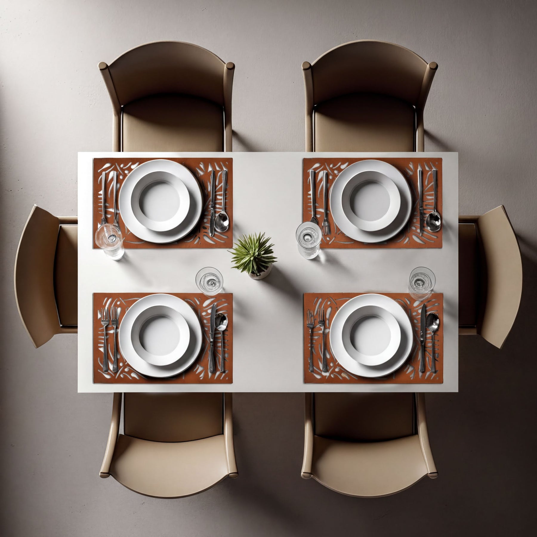Set of six Monstera leaf cut out leather placemats by ACM1247-BRN featuring tropical leaf design and durable leather material.