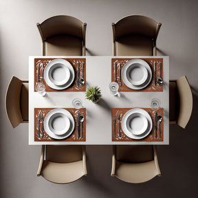 Set of six Monstera leaf cut out leather placemats by ACM1247-BRN featuring tropical leaf design and durable leather material.