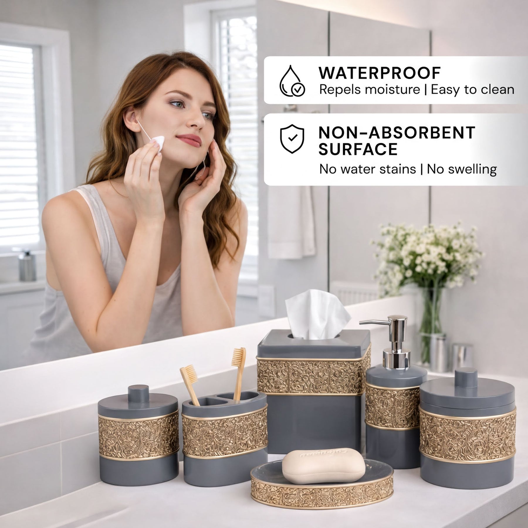Set of six modern bathroom décor accessories by AH8315 Fionola Collection including soap dish, toothbrush holder, and more.