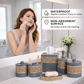 Set of six modern bathroom décor accessories by AH8315 Fionola Collection including soap dish, toothbrush holder, and more.