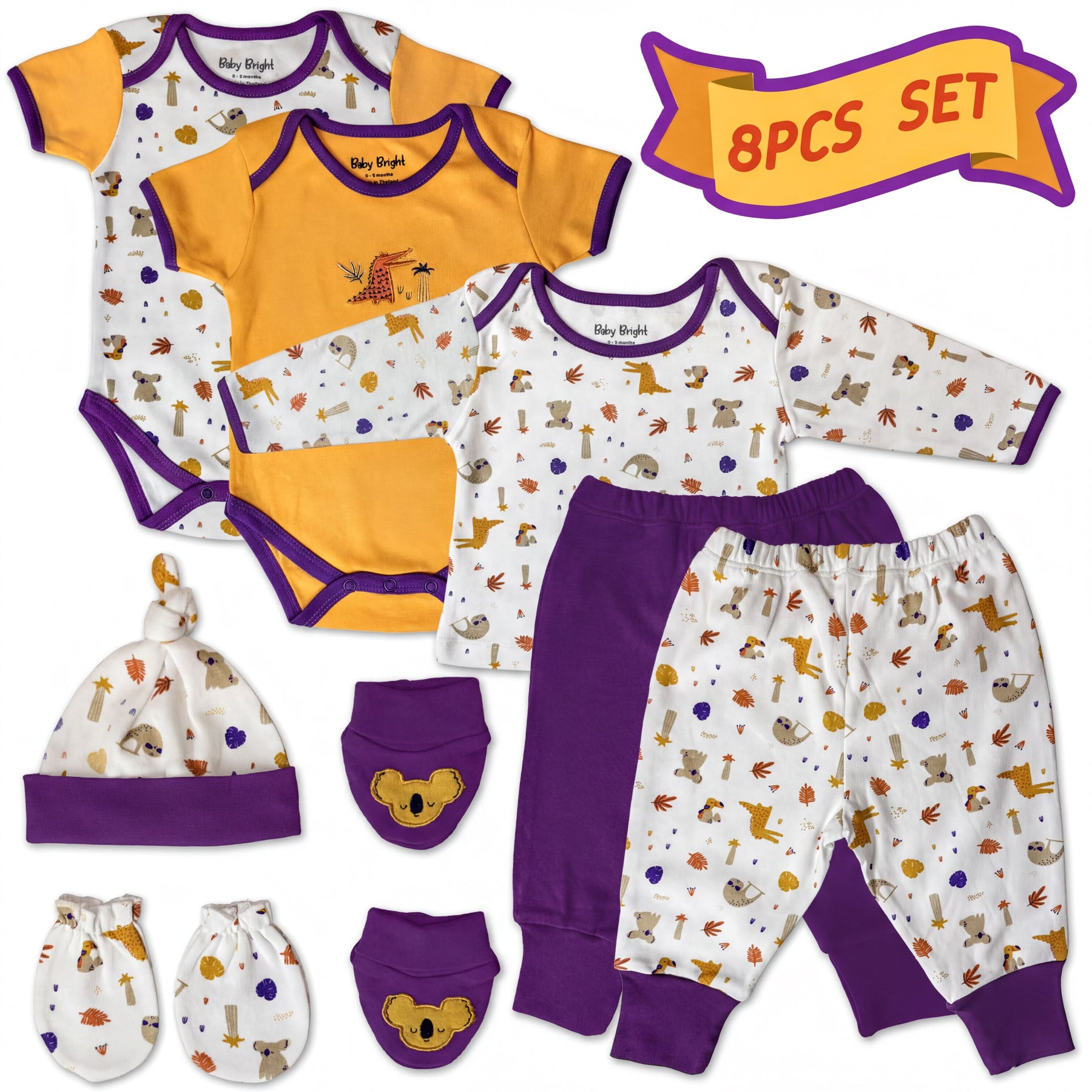 A collection of baby clothing and accessories, including onesies, pajamas, hats, and booties, all featuring a playful and colorful design with various animal and nature-inspired patterns.