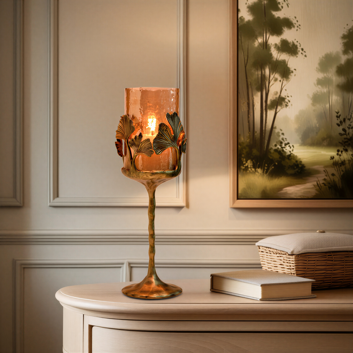 Gold finished candle holder with glass insert, large decorative candle holder from 1217097.