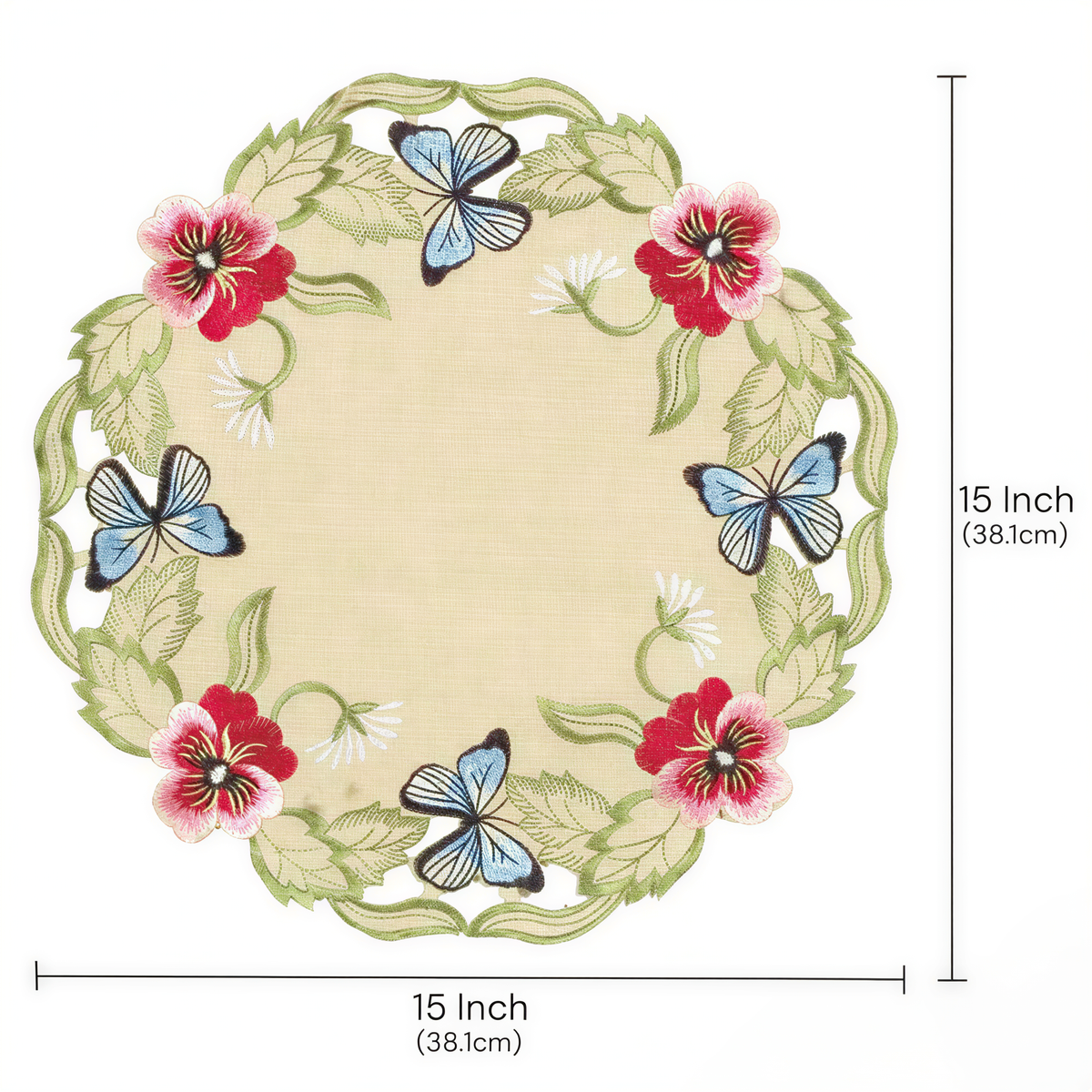 Beige Sandy Dune table doilies from Maliana Collection, 15-inch elegant linen decor for dining tables, by RIZ-007-DL.