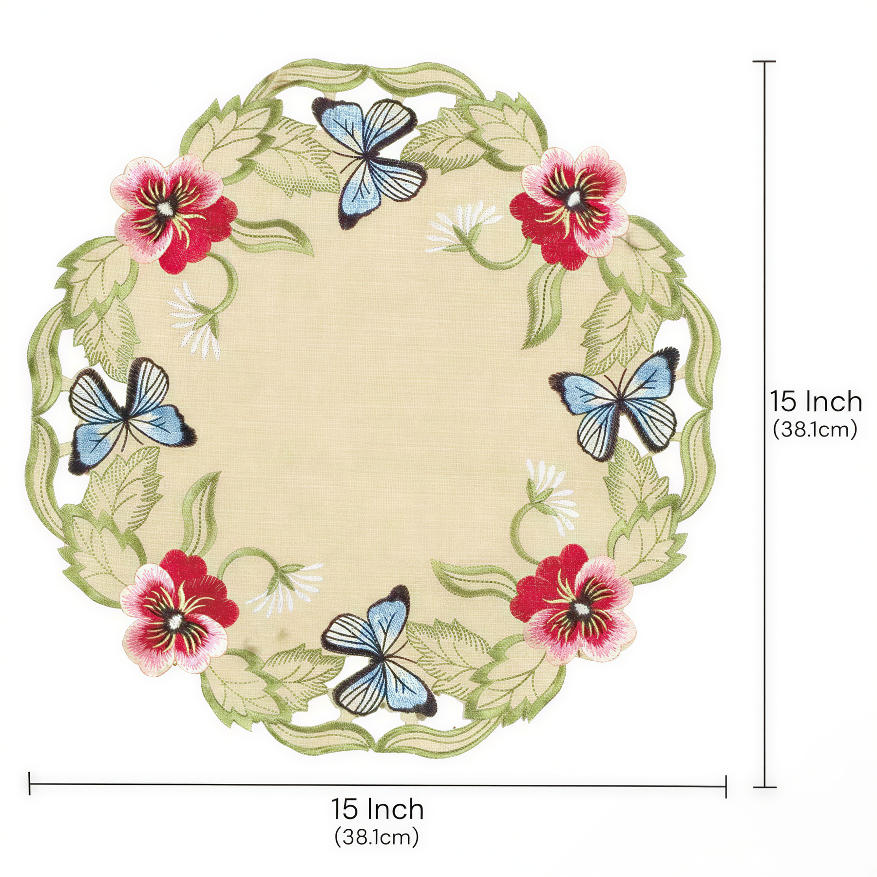 Beige Sandy Dune table doilies from Maliana Collection, 15-inch elegant linen decor for dining tables, by RIZ-007-DL.