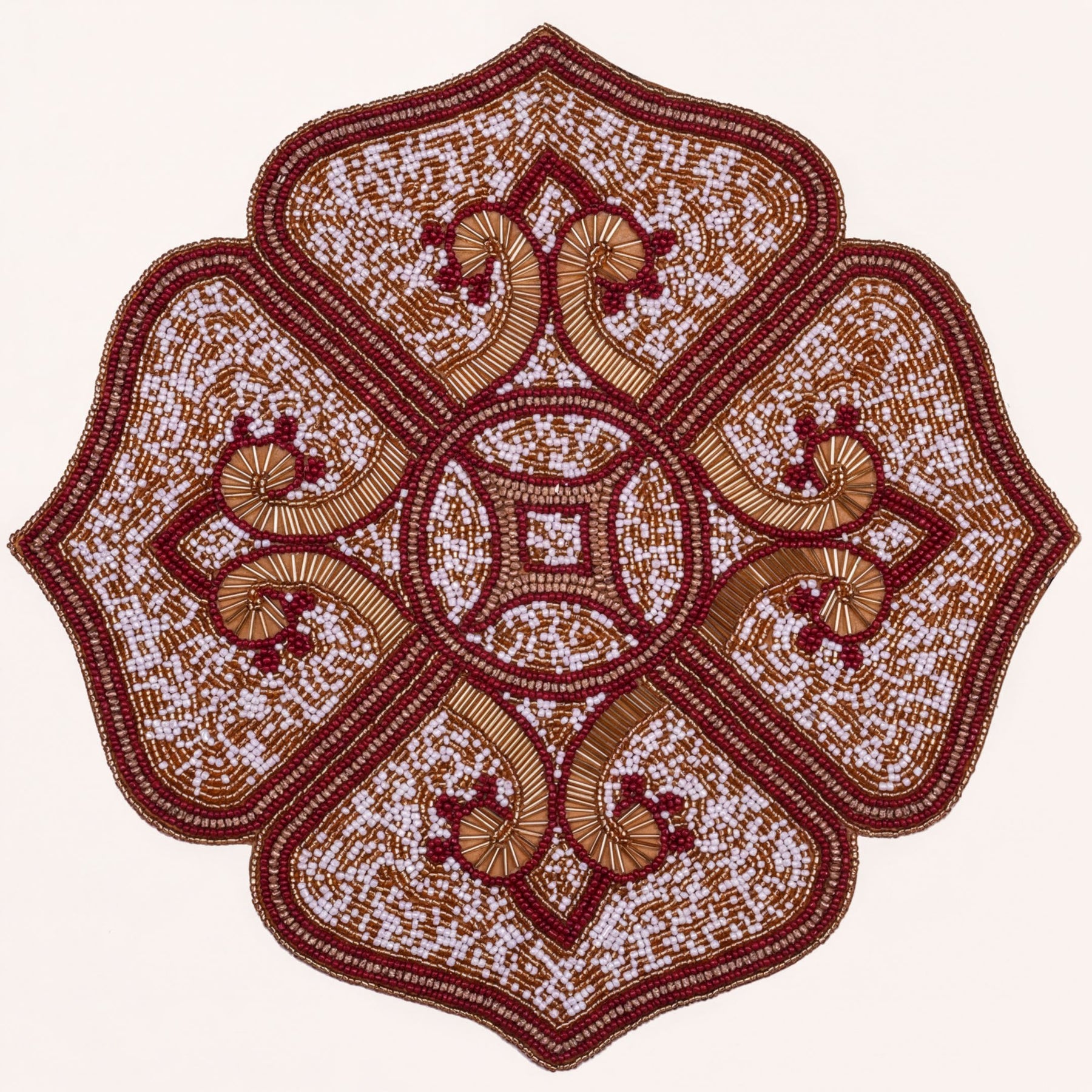 Crimson Frost embroidered beaded placemat in gold, red, and white, decorative 15-inch table decor by PM-50.