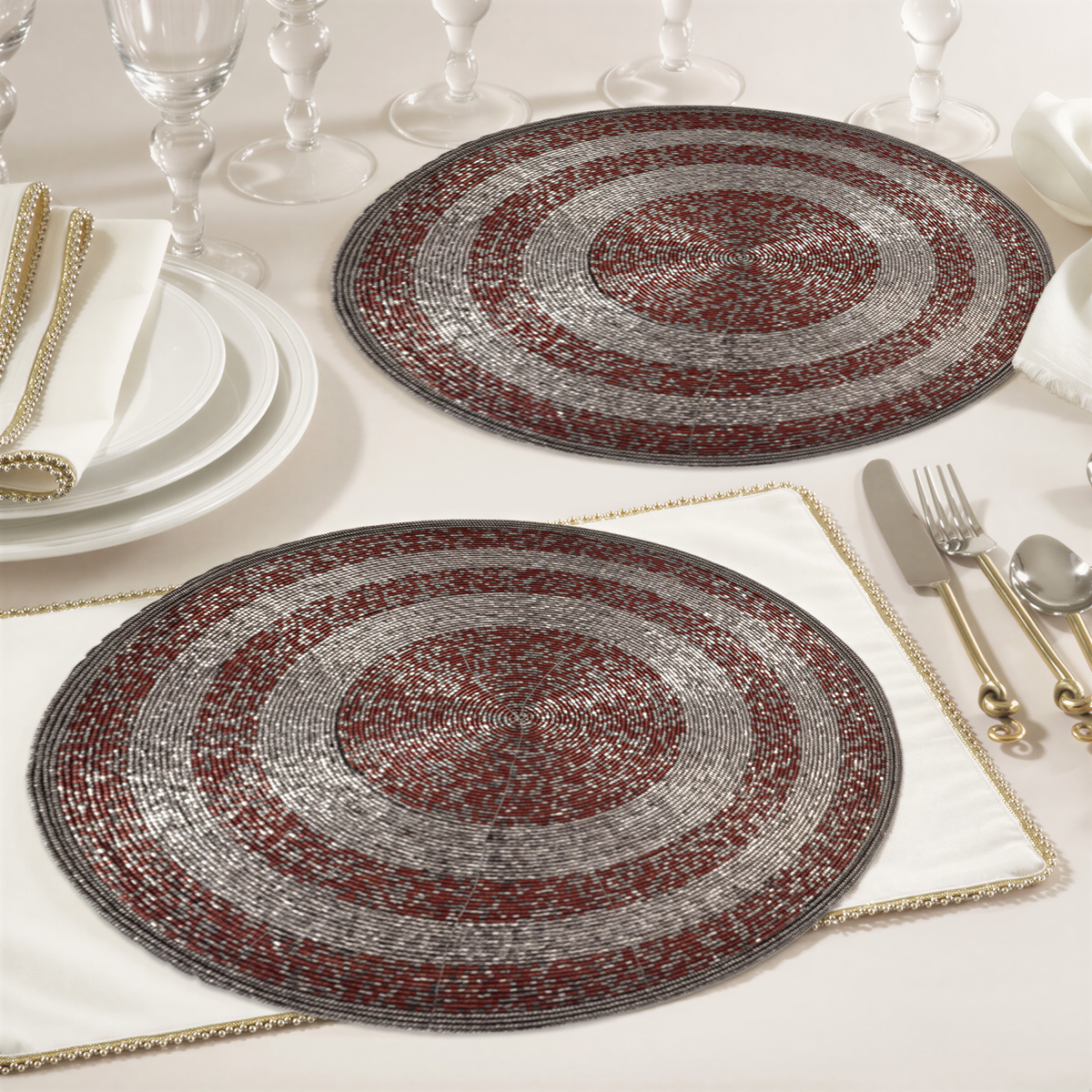 Set of four Melia Grace beaded placemats from the Melia Collection, 14-inch elegant decorative dining table décor by BD 023 030.