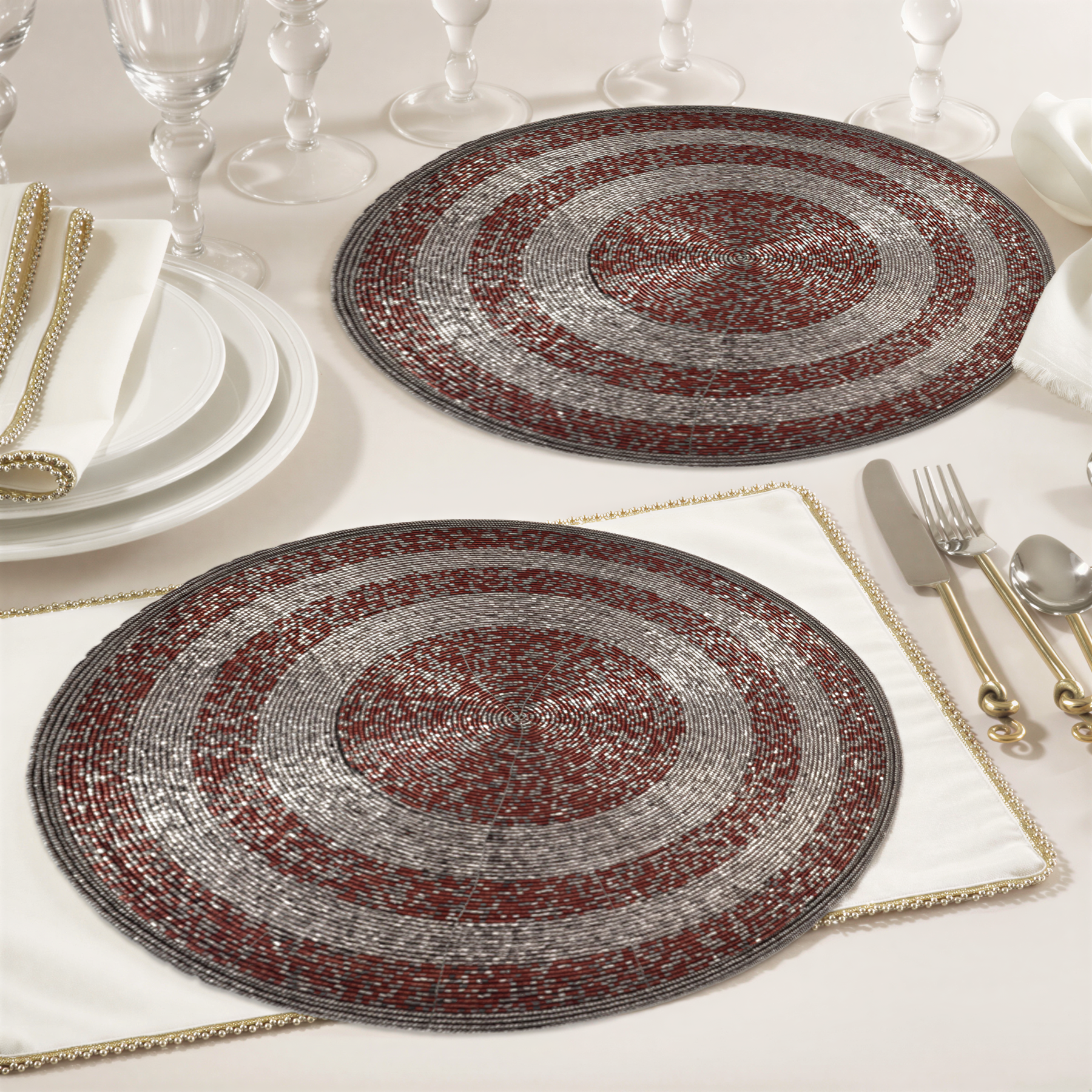 Set of four Melia Grace beaded placemats from the Melia Collection, 14-inch elegant decorative dining table décor by BD 023 030.