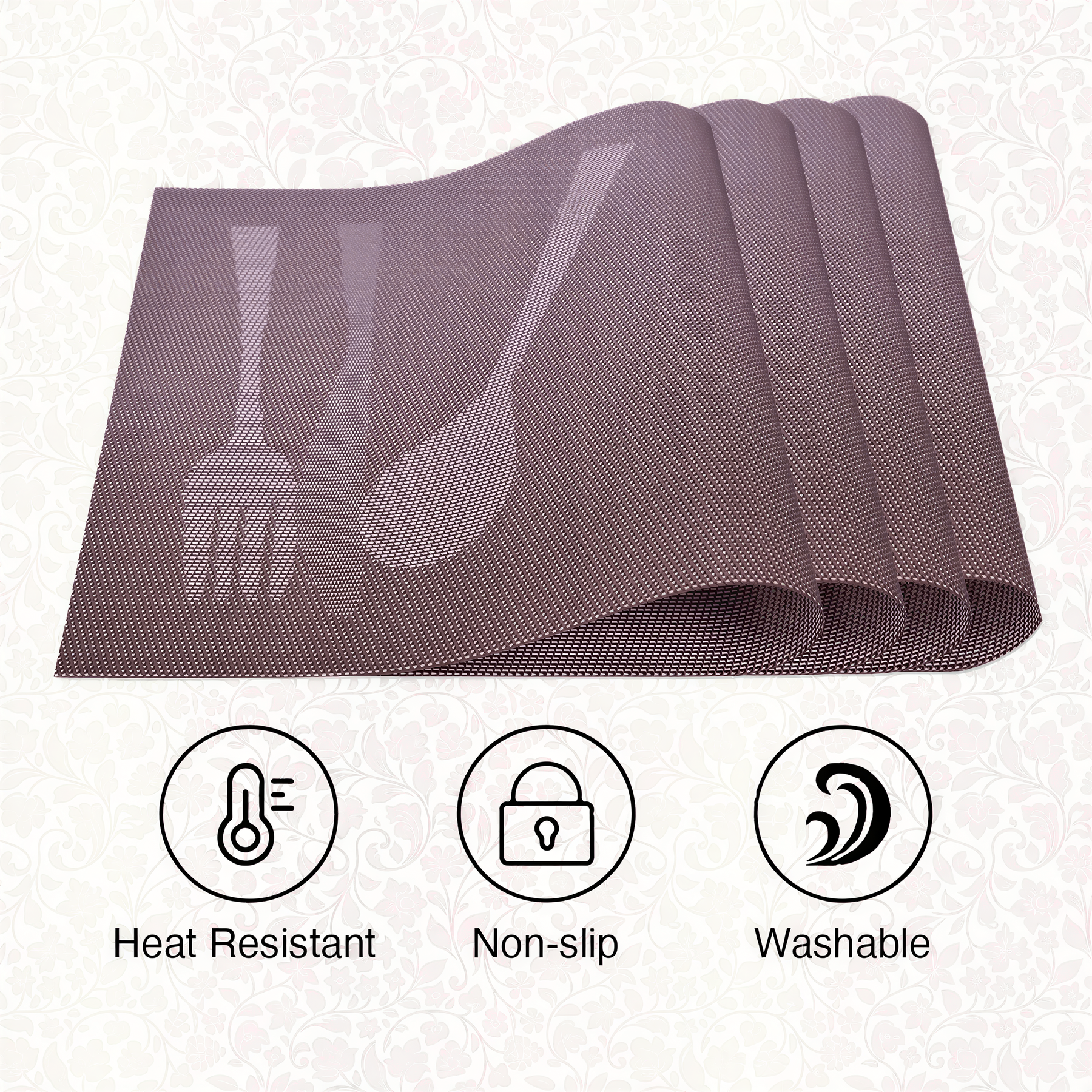 Set of four Cambridge Brown vinyl PVC placemats, heat and scratch-resistant, ideal for protecting dining surfaces.