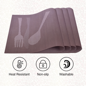Set of four Cambridge Brown vinyl PVC placemats, heat and scratch-resistant, ideal for protecting dining surfaces.