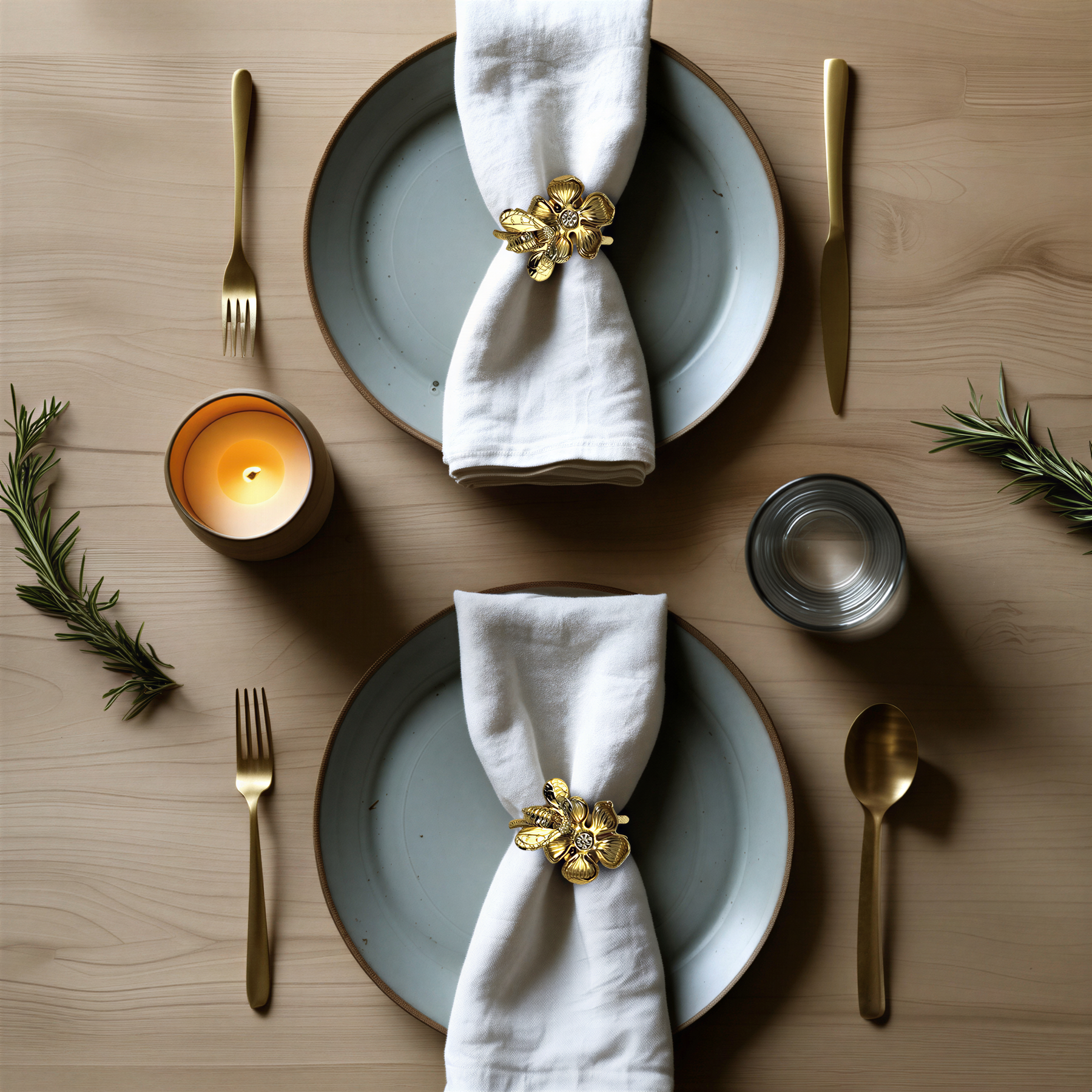 Set of four gold bee design napkin rings from 0024A171107, showcasing elegant metallic detailing for table decor.