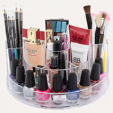 Clear F1180 makeup organizer with 7 slots for cosmetics, designed to keep beauty products neatly arranged and accessible.