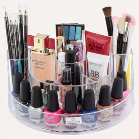 Clear F1180 makeup organizer with 7 slots for cosmetics, designed to keep beauty products neatly arranged and accessible.